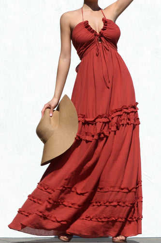 Ruffled Red Halter Sleeveless Maxi Dress