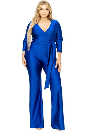 Plus Size Ruched Sleeve Blue Satin V Neck Shorts Romper