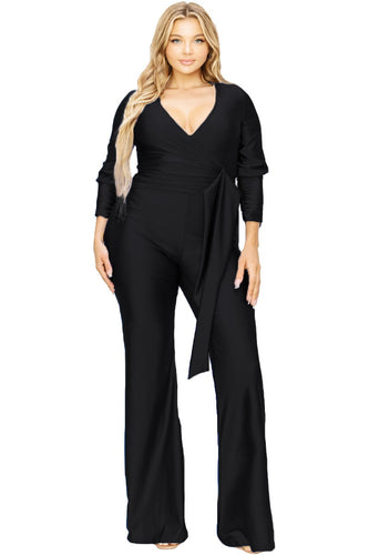 Plus Size Ruched Sleeve Black Satin V Neck Shorts Romper