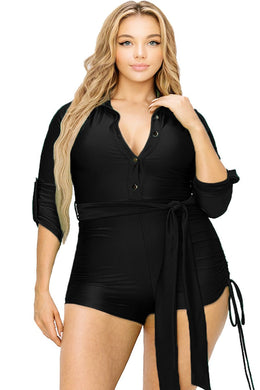 Plus Size Ruched Black Long Sleeve Shorts Romper