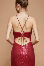 Load image into Gallery viewer, Elegant Burgundy Red Sequin Draped Form Maxi Dress