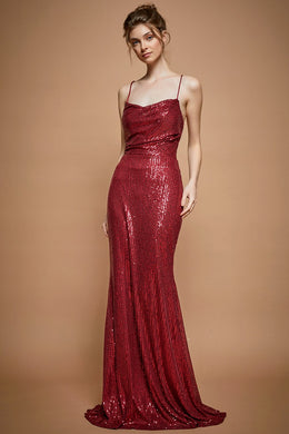 Elegant Burgundy Red Sequin Draped Form Maxi Dress