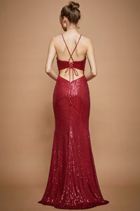 Elegant Burgundy Red Sequin Draped Form Maxi Dress