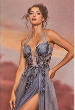 Load image into Gallery viewer, Chiffon Dream Smoky Blue Halter A Line Soft Tulle Gown