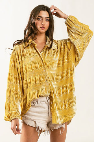 Wrinkle Effect Tiered Shirring Mustard Velvet Shirt