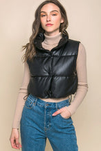 Load image into Gallery viewer, Black Faux Leather Sleeveless Puffer Crop Jacket