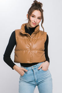 Black Faux Leather Sleeveless Puffer Crop Jacket