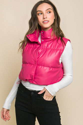 Fucshia Pink Faux Leather Sleeveless Puffer Crop Jacket