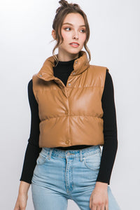 Black Faux Leather Sleeveless Puffer Crop Jacket