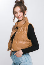 Load image into Gallery viewer, Black Faux Leather Sleeveless Puffer Crop Jacket