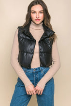 Load image into Gallery viewer, Black Faux Leather Sleeveless Puffer Crop Jacket