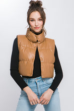 Load image into Gallery viewer, Black Faux Leather Sleeveless Puffer Crop Jacket