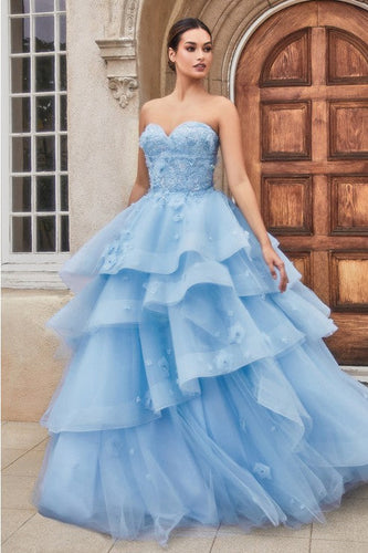 Italian Peony Floral Layered Tulle Tiffany Blue Strapless Ball Gown