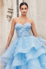 Load image into Gallery viewer, Italian Peony Floral Layered Tulle Tiffany Blue Strapless Ball Gown
