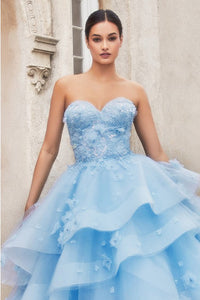 Italian Peony Floral Layered Tulle Tiffany Blue Strapless Ball Gown