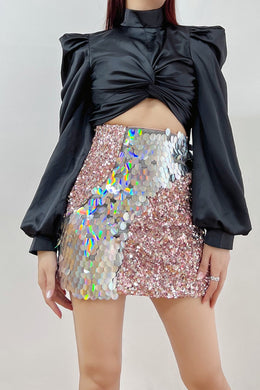 Pink Sequin High Waist Multi Scale Mini Skirt