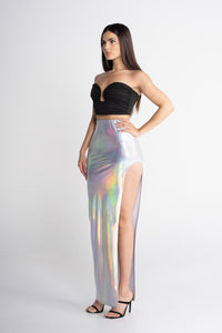 Holographic Silver High Waist Maxi Skirt