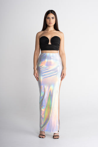 Holographic Silver High Waist Maxi Skirt