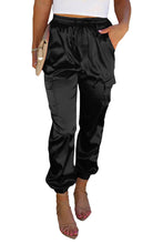 Load image into Gallery viewer, Champagne Black Satin Pocketed Drawstring Elastic Waist Pants