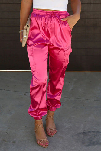 Champagne Pink Satin Pocketed Drawstring Elastic Waist Pants