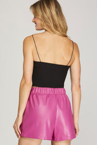 Pocketed High Waist Pink Faux Leather Shorts