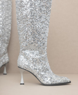 Silver Jewel Knee High Sequin Encrusted Sparkle Boots