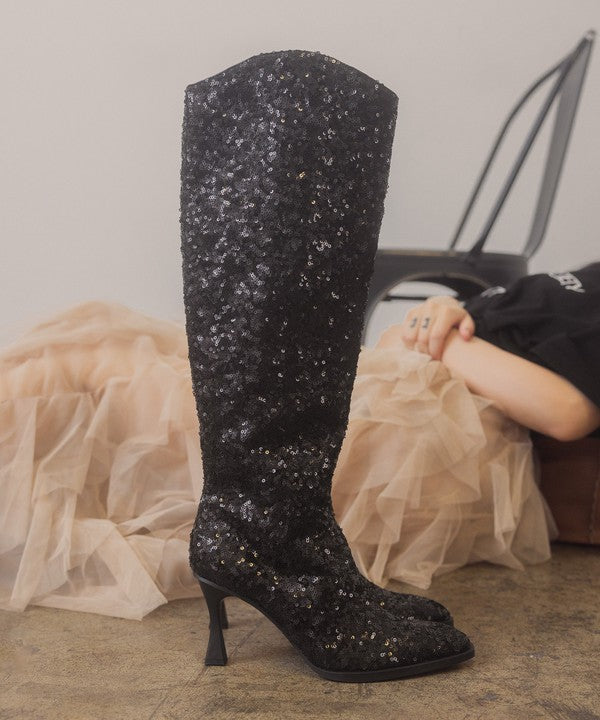 Silver Jewel Knee High Sequin Encrusted Sparkle Boots