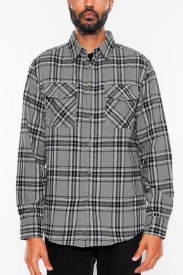 Men's Grey Flannel Plaid Long Sleeve Checkered Shirt