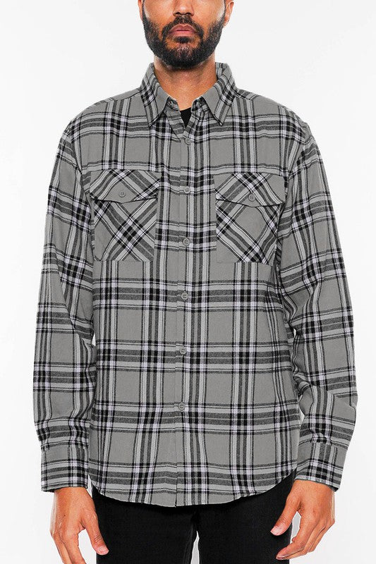 Men's Grey Flannel Plaid Long Sleeve Checkered Shirt