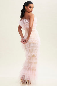 Soft Pink Tulle Strapless Layered Maxi Dress