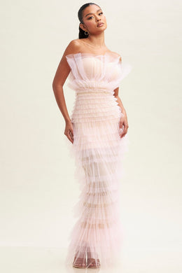 Soft Pink Tulle Strapless Layered Maxi Dress