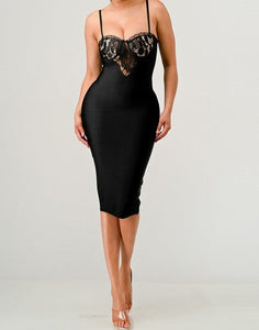 Black Cocktail Sleeveless Lace Bandage Midi Dress