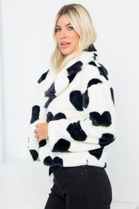 Soft Black White Heart Printed Long Sleeve Faux Fur Jacket