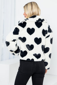 Soft Black White Heart Printed Long Sleeve Faux Fur Jacket