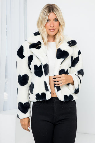 Soft Black White Heart Printed Long Sleeve Faux Fur Jacket