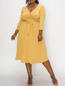 Plus Size 3/4 Sleeve Orange Belted Wrap Dress