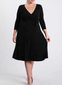 Plus Size 3/4 Sleeve Green Belted Wrap Dress