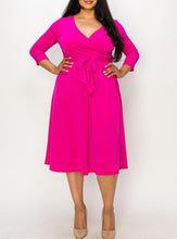 Load image into Gallery viewer, Plus Size 3/4 Sleeve Coral Pink V Neck Belted Wrap Dress