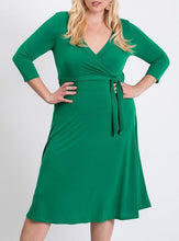 Load image into Gallery viewer, Plus Size 3/4 Sleeve Green Belted Wrap Dress