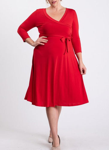 Plus Size 3/4 Sleeve Orange Belted Wrap Dress