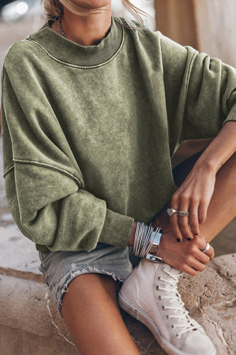 Mineral Washed Olive Green Acid Dye Sweatshirt Pullover Sweater