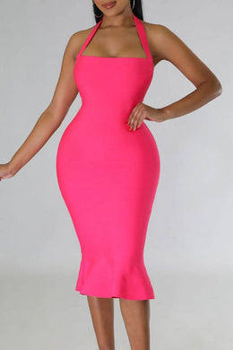 Audrey Coral Pink Peplum Halter Bodycon Midi Dress