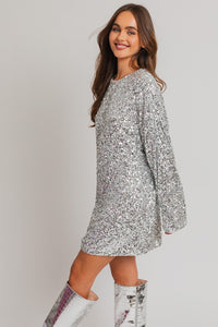 Illuminated Silver Long Sleeve Sequin Mini Dress