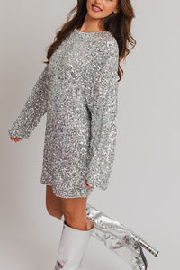 Illuminated Silver Long Sleeve Sequin Mini Dress