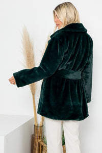 Emerald Green Faux Fur Belted Long Sleeve Coat