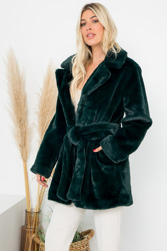 Emerald Green Faux Fur Belted Long Sleeve Coat