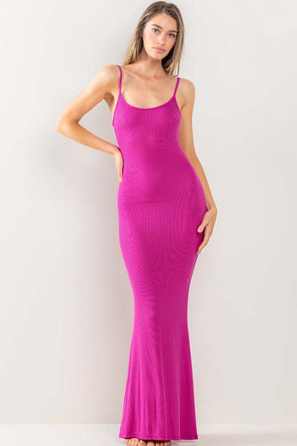 Autumn Fuchsia Pink Winter Knit Ribbed Sleeveless Maxi Dress