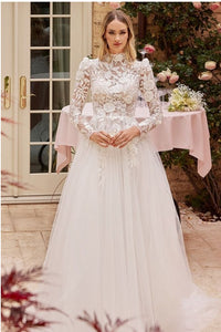 Victorian White Long Sleeve Lace Wedding Ball Gown