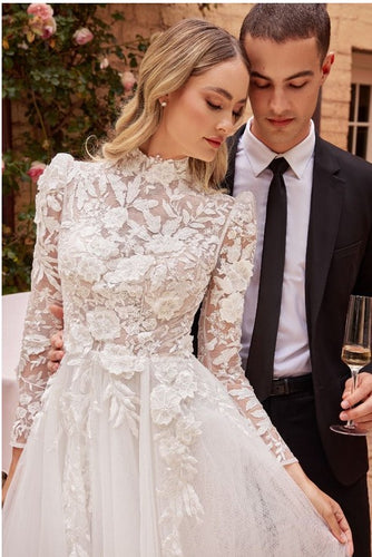 Victorian White Long Sleeve Lace Wedding Ball Gown