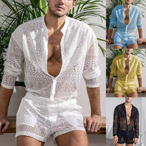 Men's Blue Hollow Long Sleeve Button Down Shirt & Shorts Set